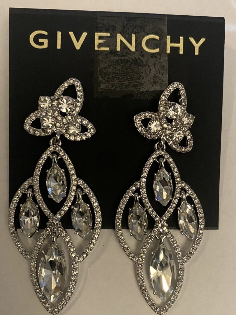 Givenchy Silver-Tone Pavé Crystal Floral Post Chandelier Earrings
